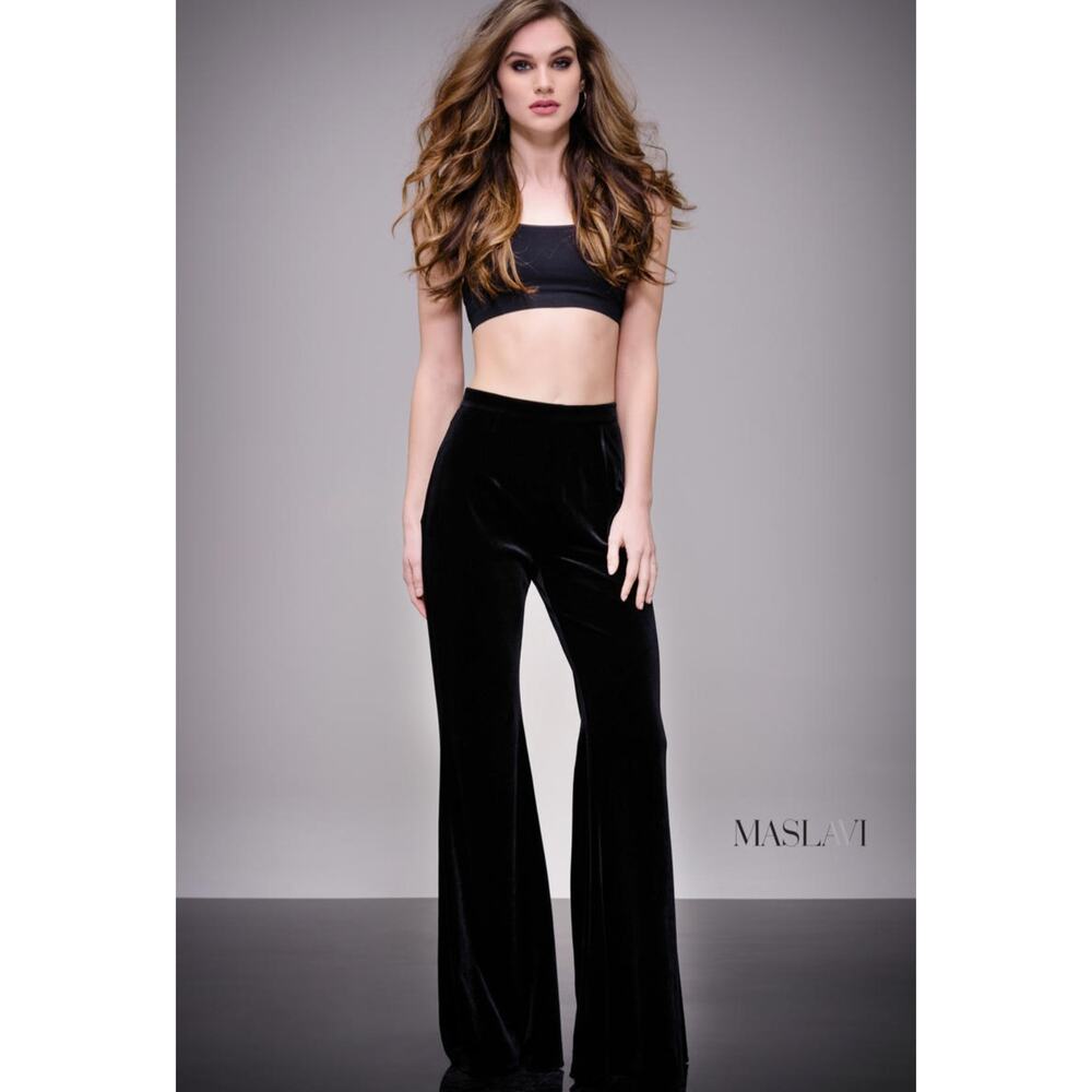 NWT Jovani Black Velvet Flare Pants - High Waisted Bell Bottom Trousers - Size 6